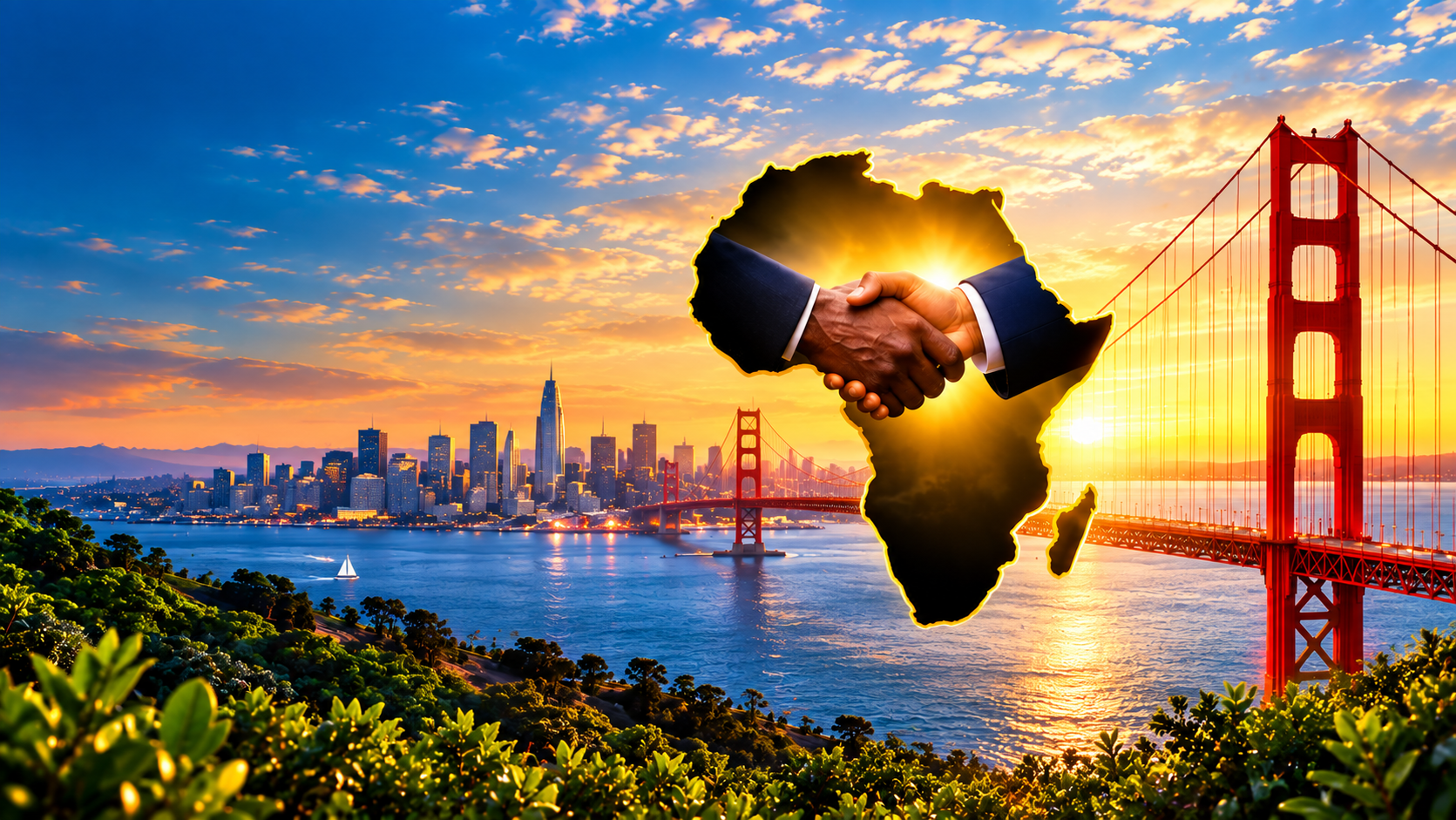 San Francisco skyline and Golden Gate Bridge with African continent silhouette and business handshake